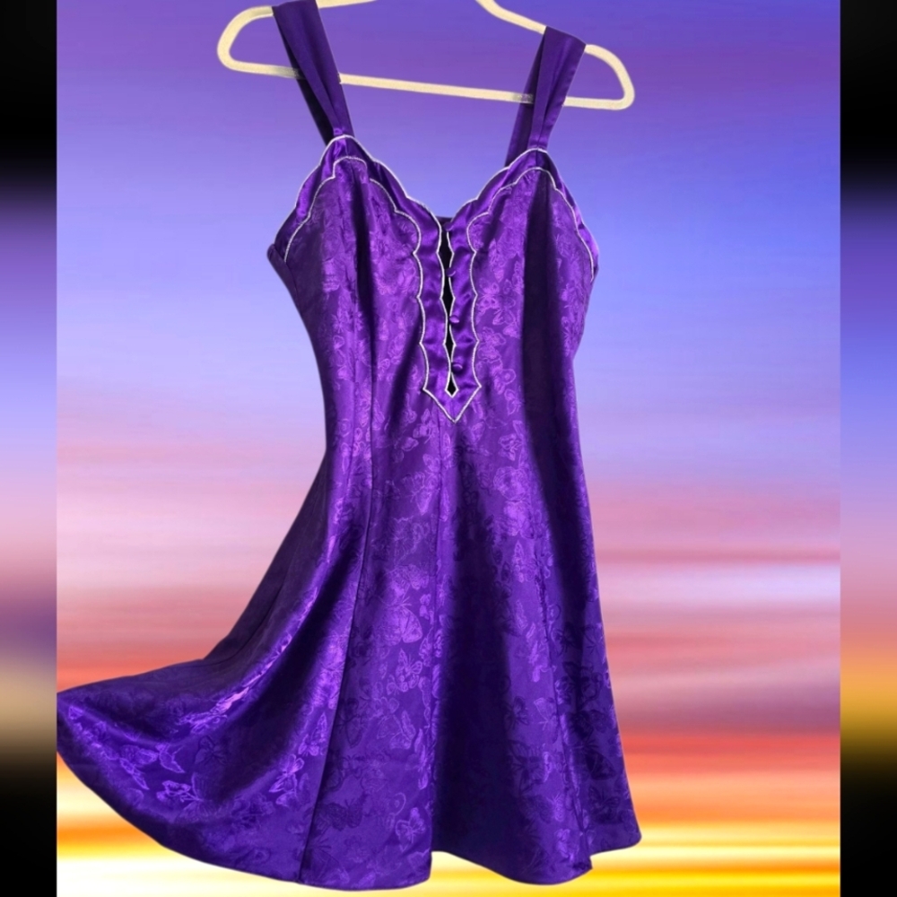 🦋Vintage Butterfly Shimmery Silky Dark Purple Lingerie Slip Dress🦋